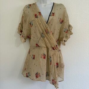 chiffon y2k cross stitched tan flowy blouse floral medium